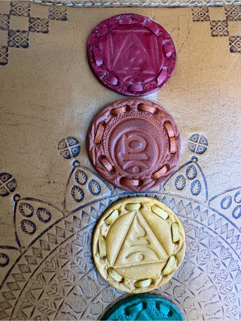 NEW  Chakra Embossed Leather IPad/Tablet Cover - Brown with Multicolor Discs